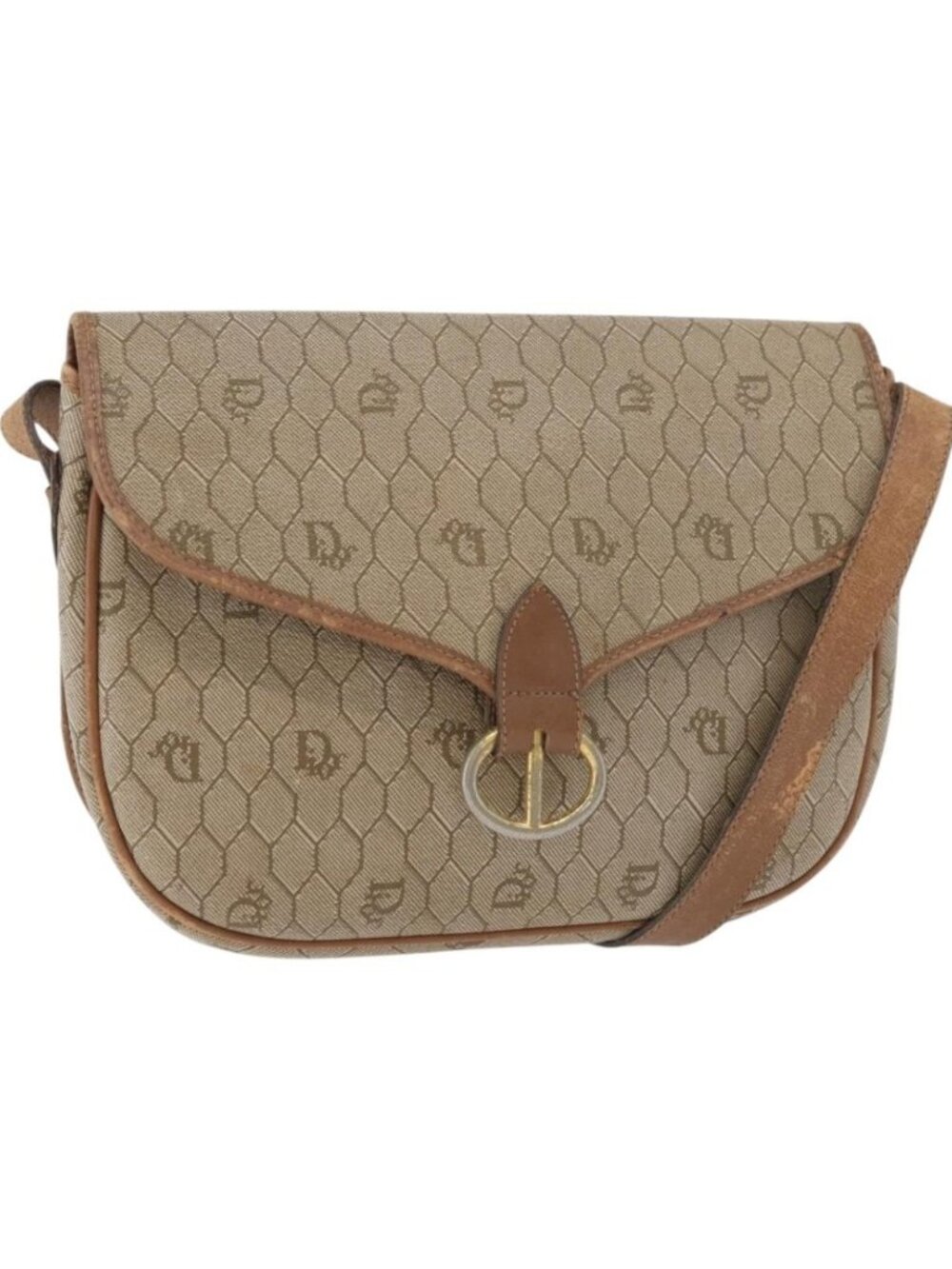 Christian Dior Honeycomb Canvas Shoulder Bag PVC Beige Gold